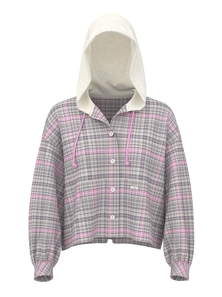 PINK Flannel Hooded Long- Sleeve Top, Silver screen plaid, offModelFront, 4 of 4