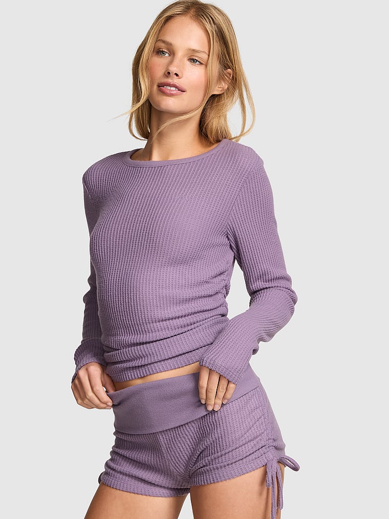 PINK Waﬄe Knit Long-Sleeve Top, Frozen Plum, onModelSide, 3 of 3