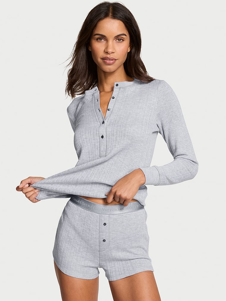 Victoria's Secret, Victoria's Secret Cozy Pointelle Henley Short Pajama Set, Medium Heather Grey, onModelFront, 1 of 2 Daiane is 5'11" or 180cm and wears S/Long