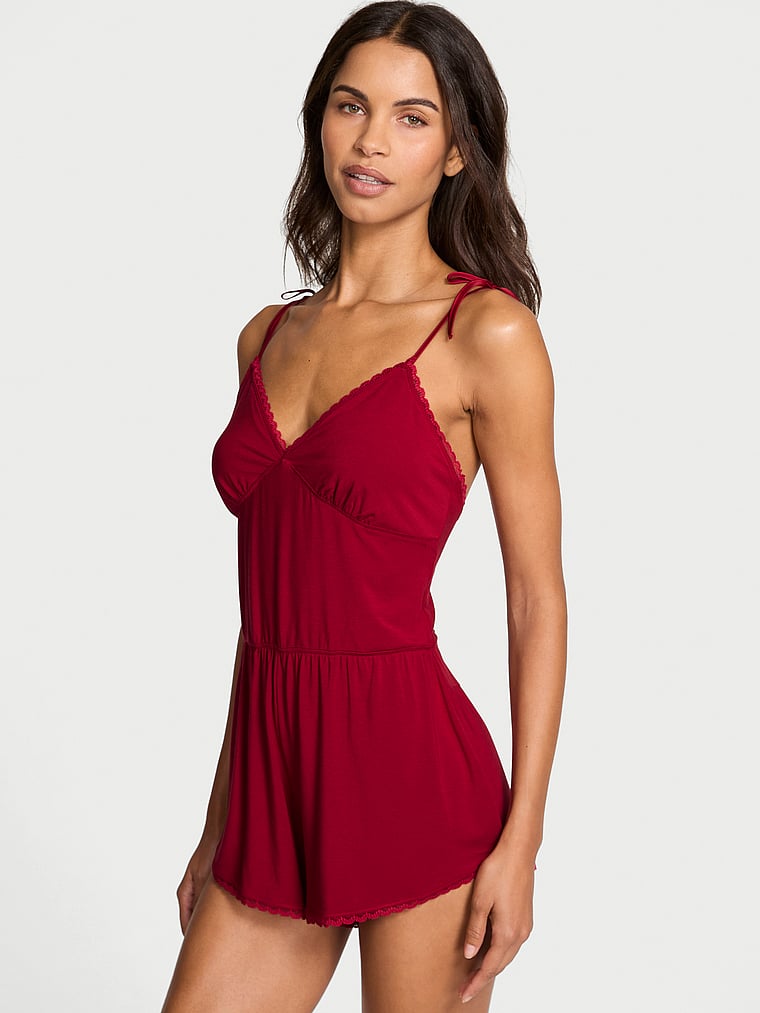 Victoria's Secret, Victoria's Secret SoSoft™ Modal Bow Short Romper, Red Lacquer, onModelFront, 1 of 3 Daiane is 5'11" and wears Small
