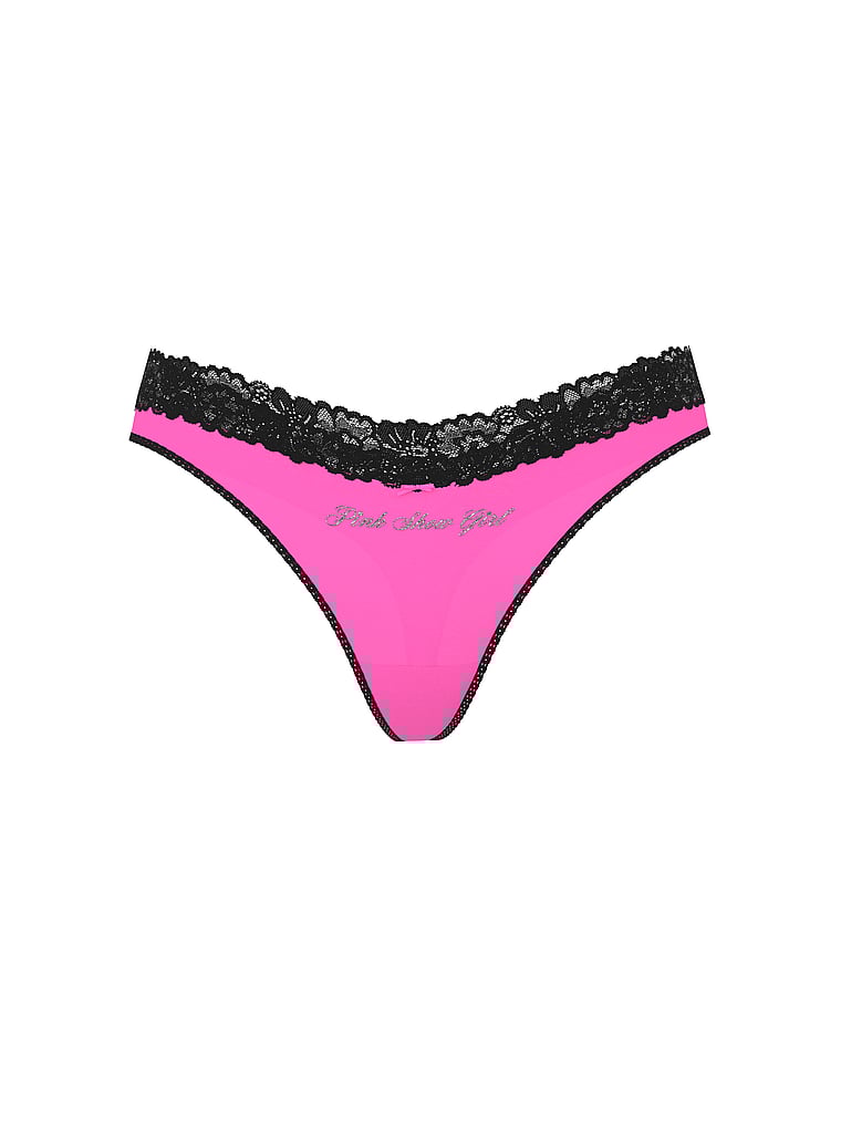 PINK Cotton Lace-Trim High-Leg Thong Panty, offModelFront, 2 of 4