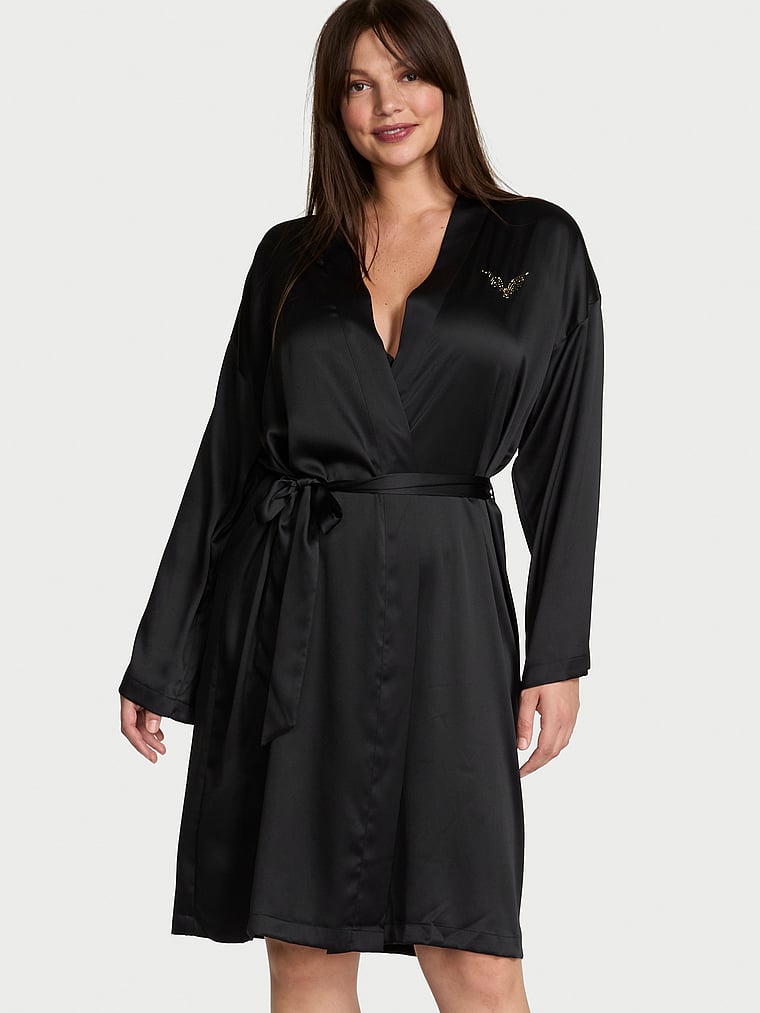 Victoria's Secret, Victoria's Secret Signature Satin Midi Robe, Black, onModelBack, 2 of 3