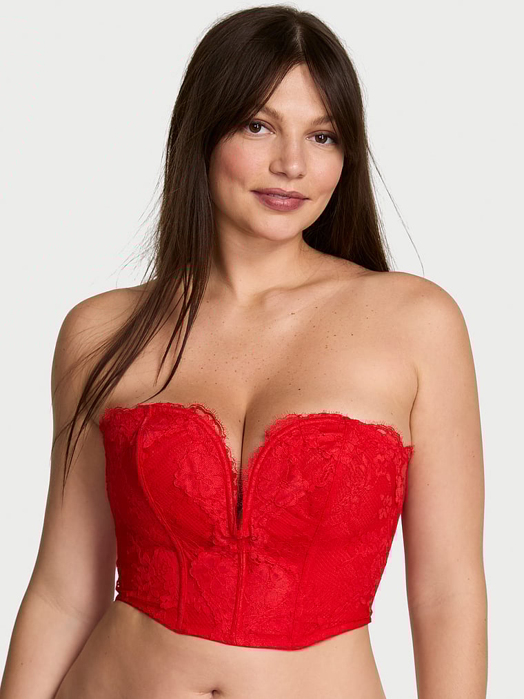 Victoria's Secret, Dream Angels Dare to Dream Lace Deep-V Cropped Corset Top, Bright Vermillion, onModelSide, 3 of 4