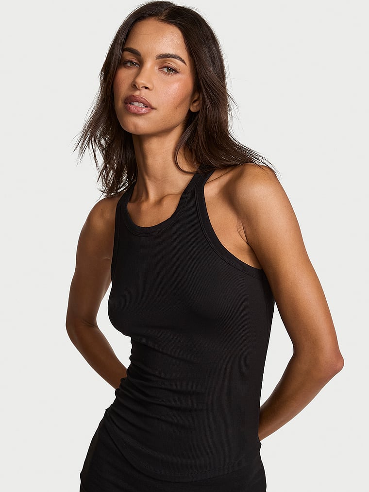 Victoria's Secret, Angel Essentials VS Iconic Rib Racerback Tank Top, Pure Black, onModelSide, 2 of 4 Daiane is 5'11" or 180cm and wears Small