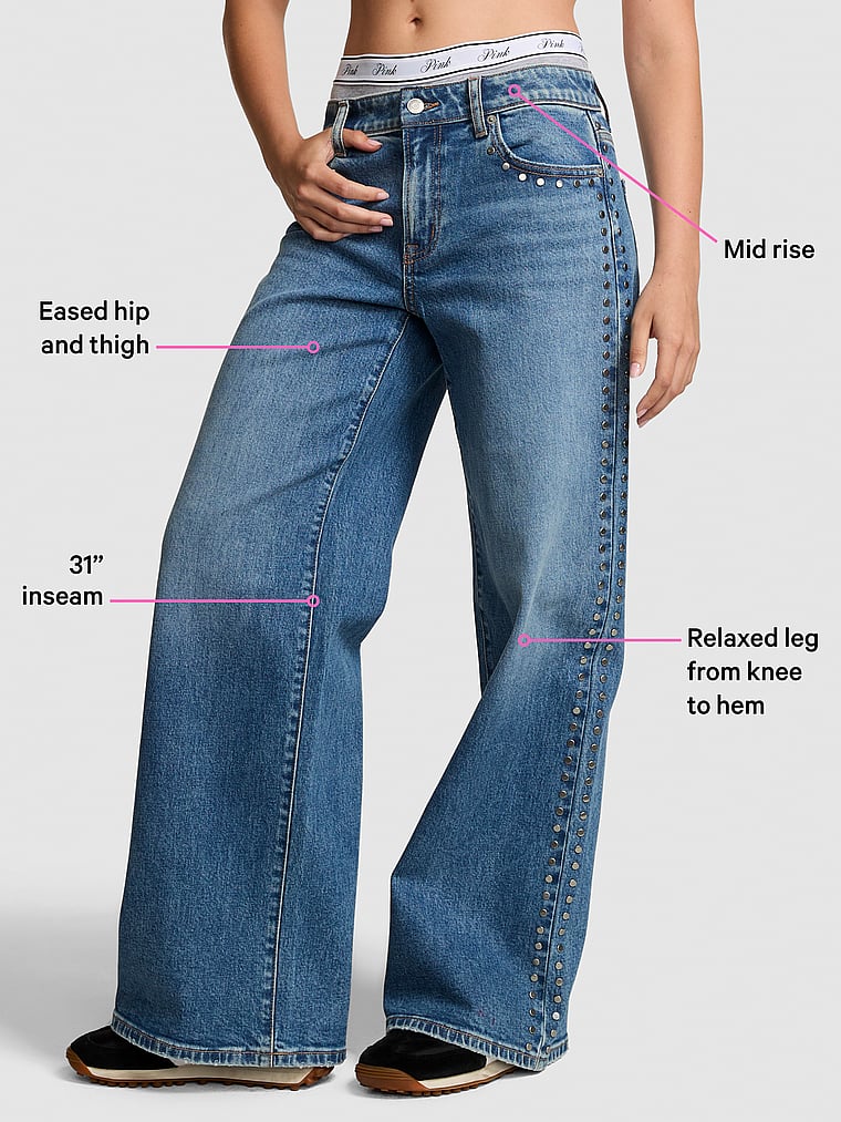 PINK Denim by PINK Mid-Rise Baggy Wide-Leg Jeans, Bright medium wash studs, detail, 6 of 6