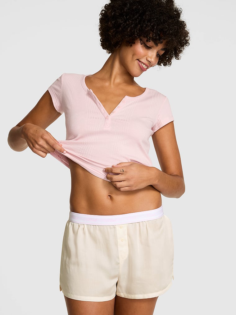 PINK Silky Sleep Boxy Pajama Shorts, Winter White Pink Butt Graphic, onModelSide, 3 of 4