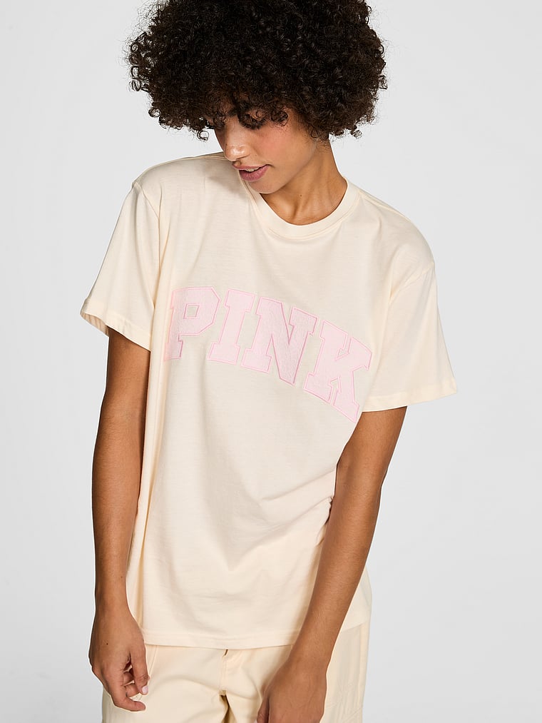 PINK Campus Cotton Tee, Winter White Pretty In Pink, onModelFront, 1 of 4 Vanessa is 5'10" or 178cm and wears Small