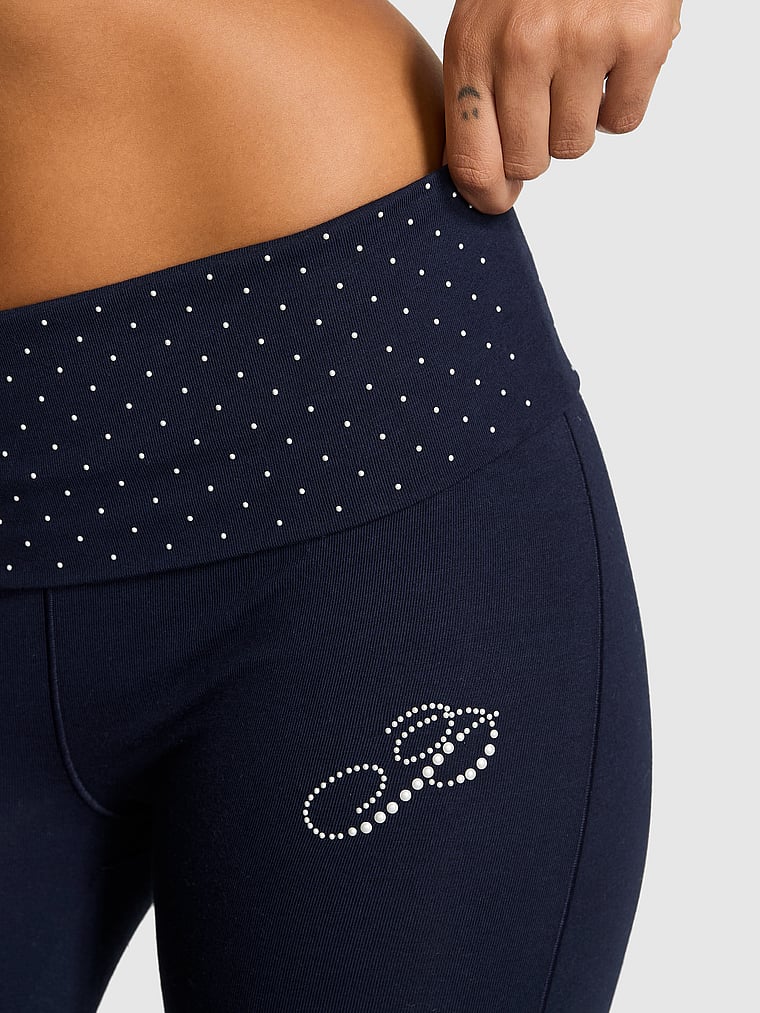 PINK All-Day Cotton Foldover Flare Leggings, Noir Navy Pearl, onModelBack, 2 of 5 Vanessa is 5'10" or 178cm and wears Small