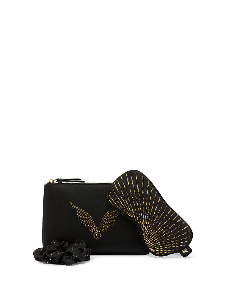 Victoria's Secret, Victoria's Secret Victoria's Secret Backstage 3-Piece Satin Shine Accessories Set, Black and Gold, onModelBack, 2 of 3