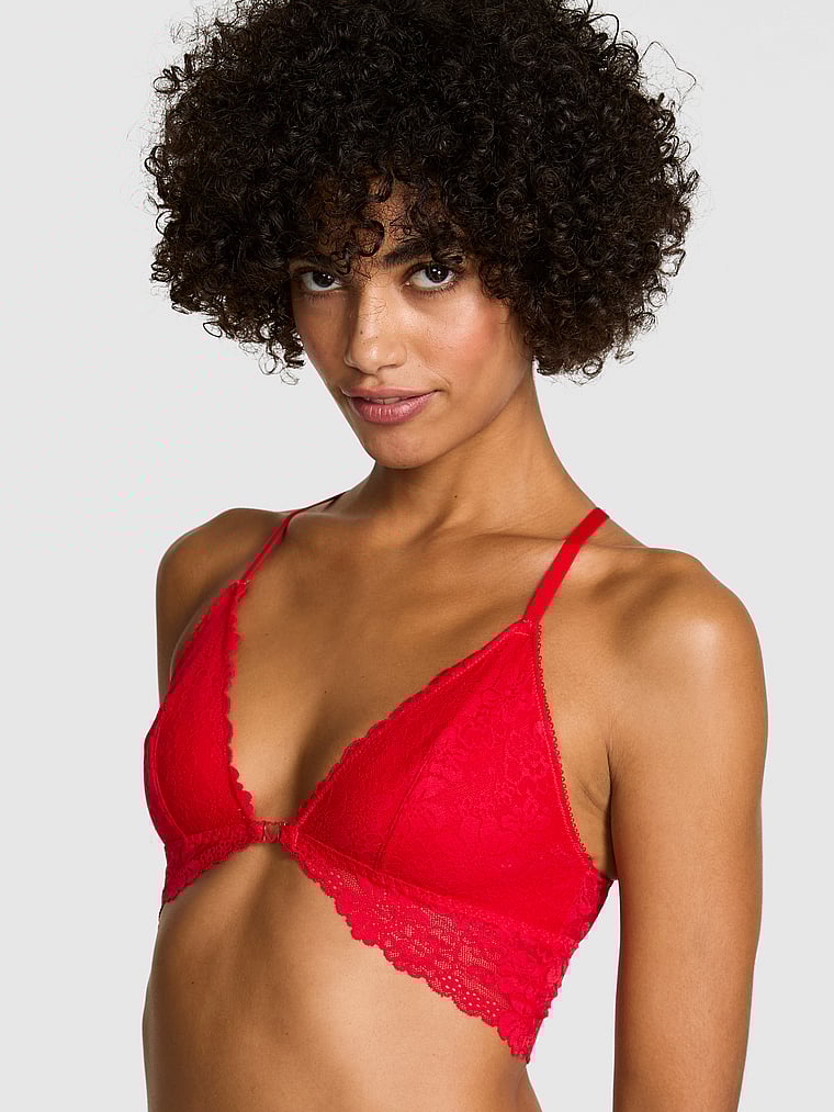 PINK Wink Wink Unlined High-Low Triangle Bralette, Red Pepper, onModelFront, 1 of 4 Mari is 5'7" or 170cm and wears 34B or Small