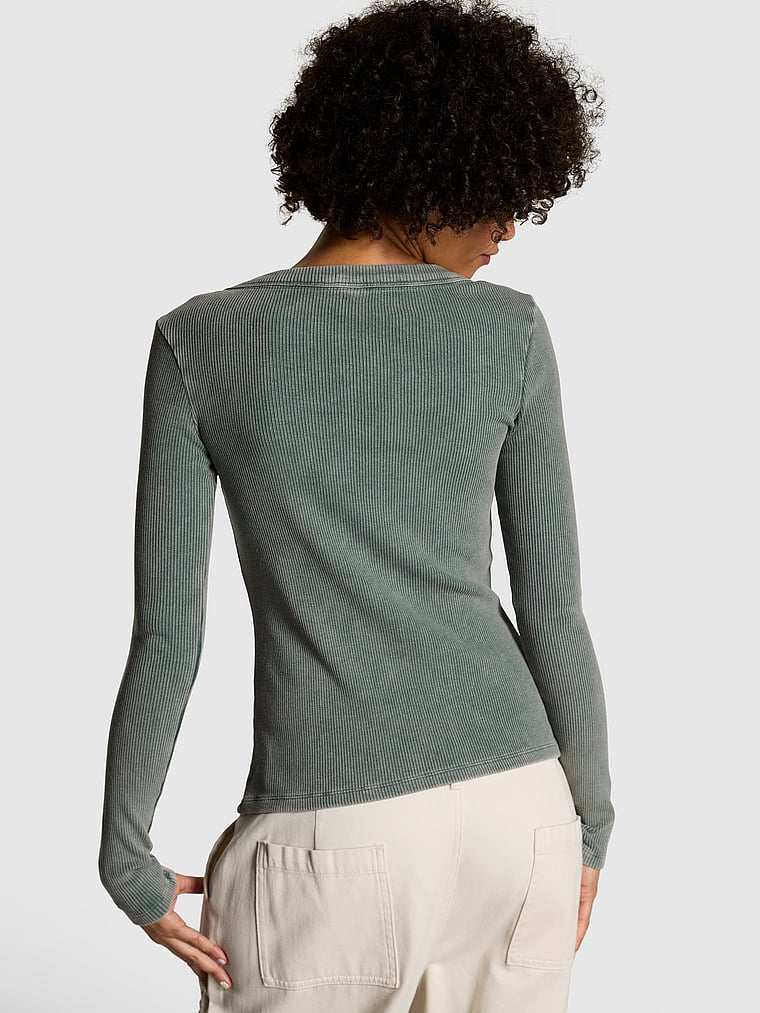 Vintage Ribbed Button-Down Long-Sleeve Tee