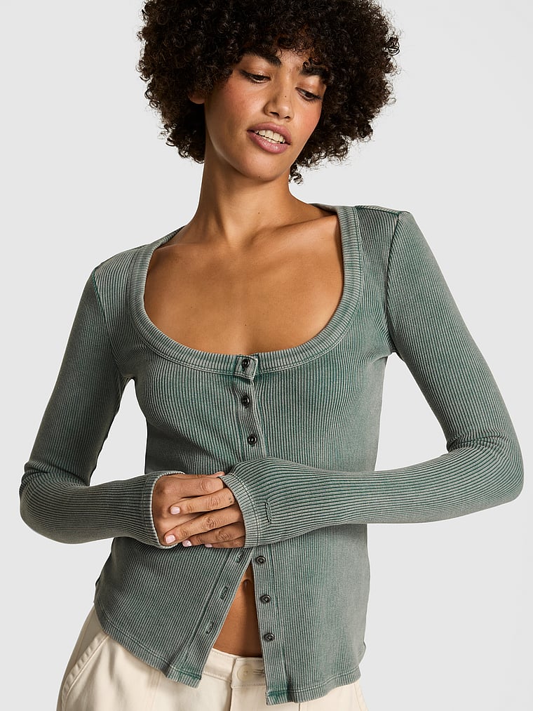 Vintage Ribbed Button-Down Long-Sleeve Tee