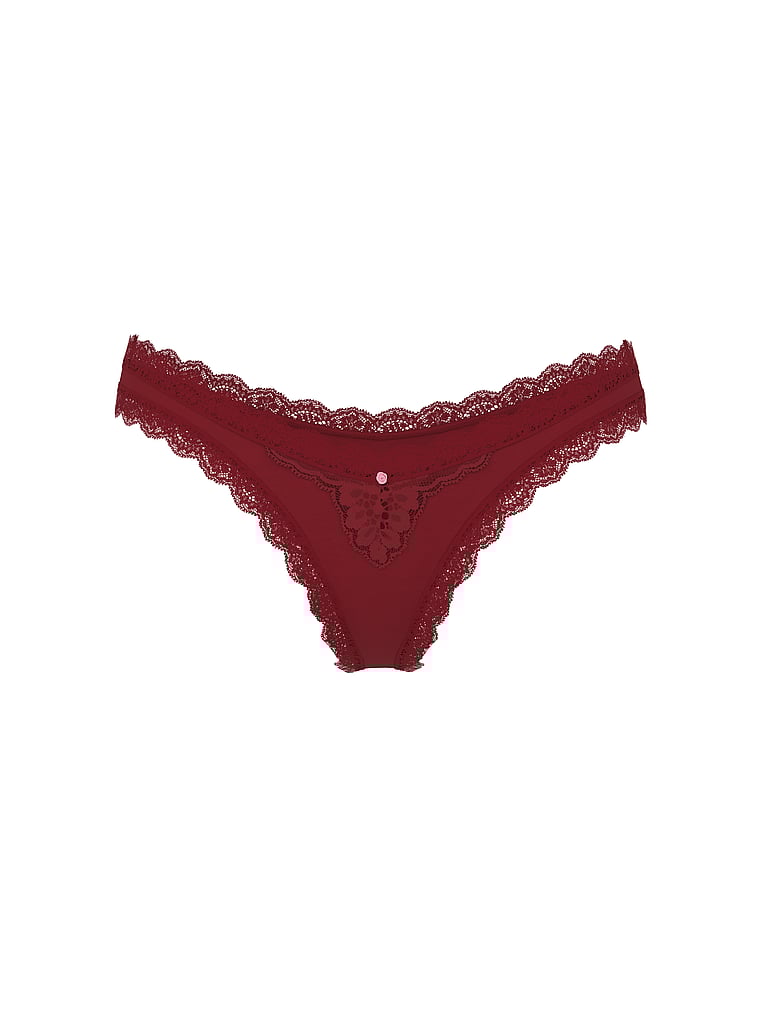 Victoria's Secret, Dream Angels Lace-Trim Brazilian Panty, Sangria Red, offModelFront, 4 of 4