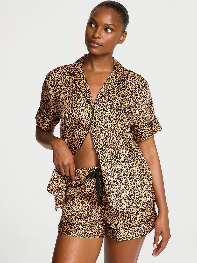 Victoria's Secret, Victoria's Secret Signature Satin Short Pajama Set, Marzipan Leopard, onModelFront, 2 of 4
