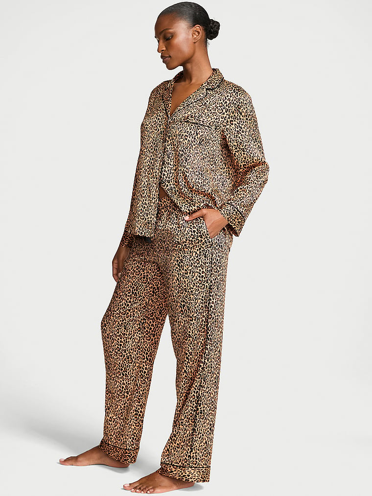 Victoria's Secret, Victoria's Secret Signature Satin Long Pajama Set, Marzipan Leopard, onModelFront, 2 of 4