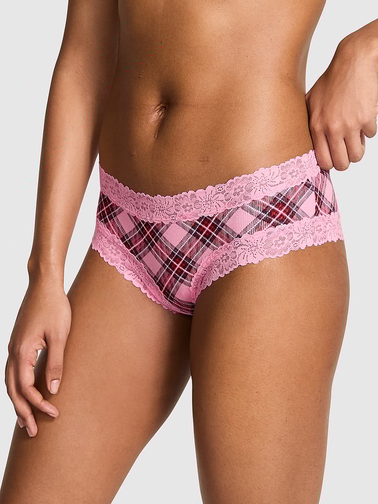 PINK Wink Lace-Trim Cheeky Panty, Pink Lollipop Plaid Print, featured, 1 of 2 Jordan is 5'9" or 175cm and wears Small