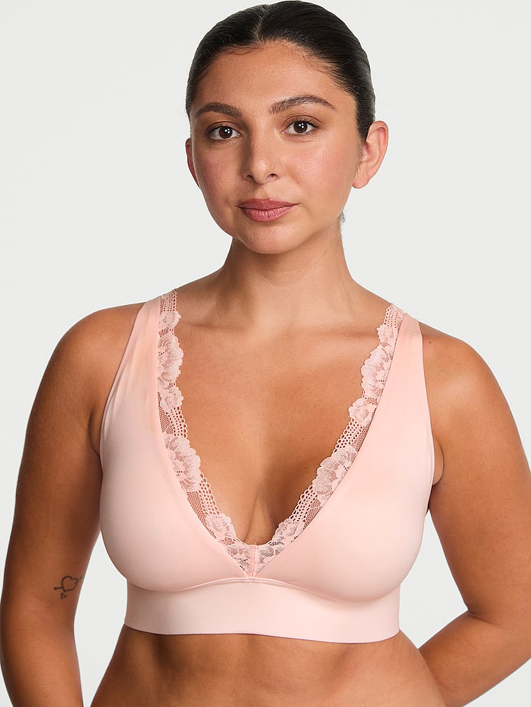 Victoria's Secret, Body by Victoria Mastectomy Lace-Trim Plunge Bralette, Purest Pink, onModelFront, 1 of 3