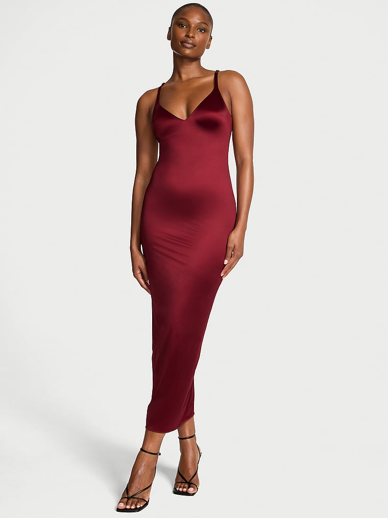 Victoria's Secret, Victoria's Secret SoSleek™ Maxi Slip Dress, Red, onModelFront, 1 of 3 Tsheca is 5'9" and wears 34B or Small