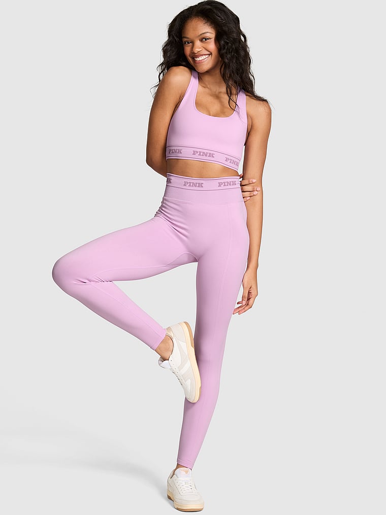 PINK Seamless Classic Leggings, Hushed Lilac Lurex Bling, onModelFront, 1 of 3 Jordan is 5'9" or 175cm and wears Small