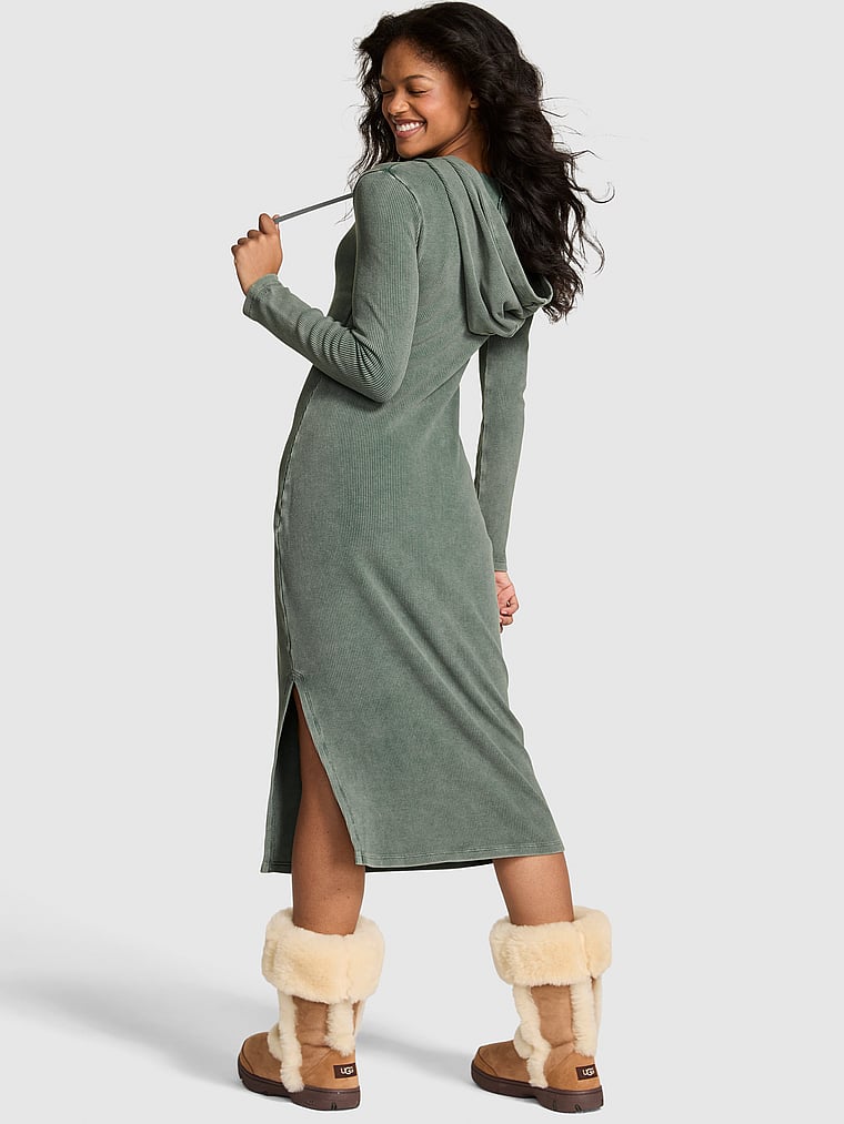 Vintage Ribbed Henley Hoodie Dress