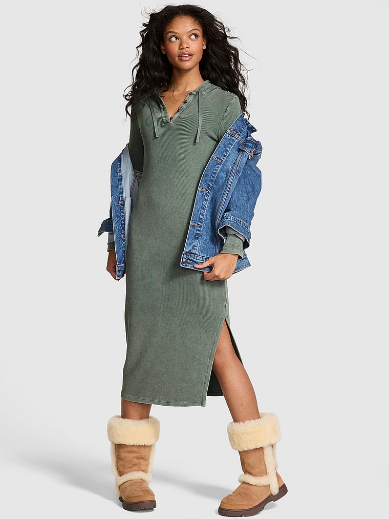 Vintage Ribbed Henley Hoodie Dress