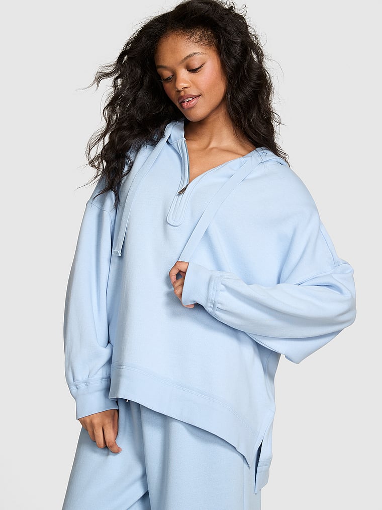PINK Ivy Fleece Tunic Hoodie, Icy Blue, onModelFront, 1 of 2 Jordan is 5'9" or 175cm and wears Small