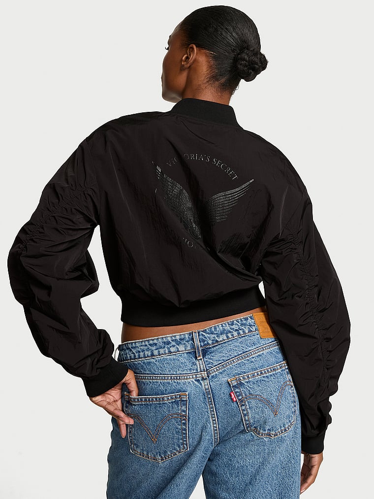 Victoria's Secret, Angel Essentials In-Flight Cropped Bomber Jacket, Pure Black, offModelFront, 5 of 5