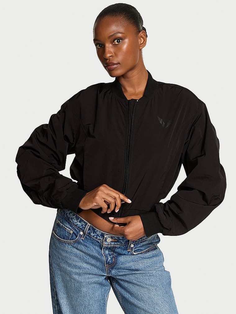 Victoria's Secret, Angel Essentials In-Flight Cropped Bomber Jacket, Pure Black, onModelBack, 4 of 5