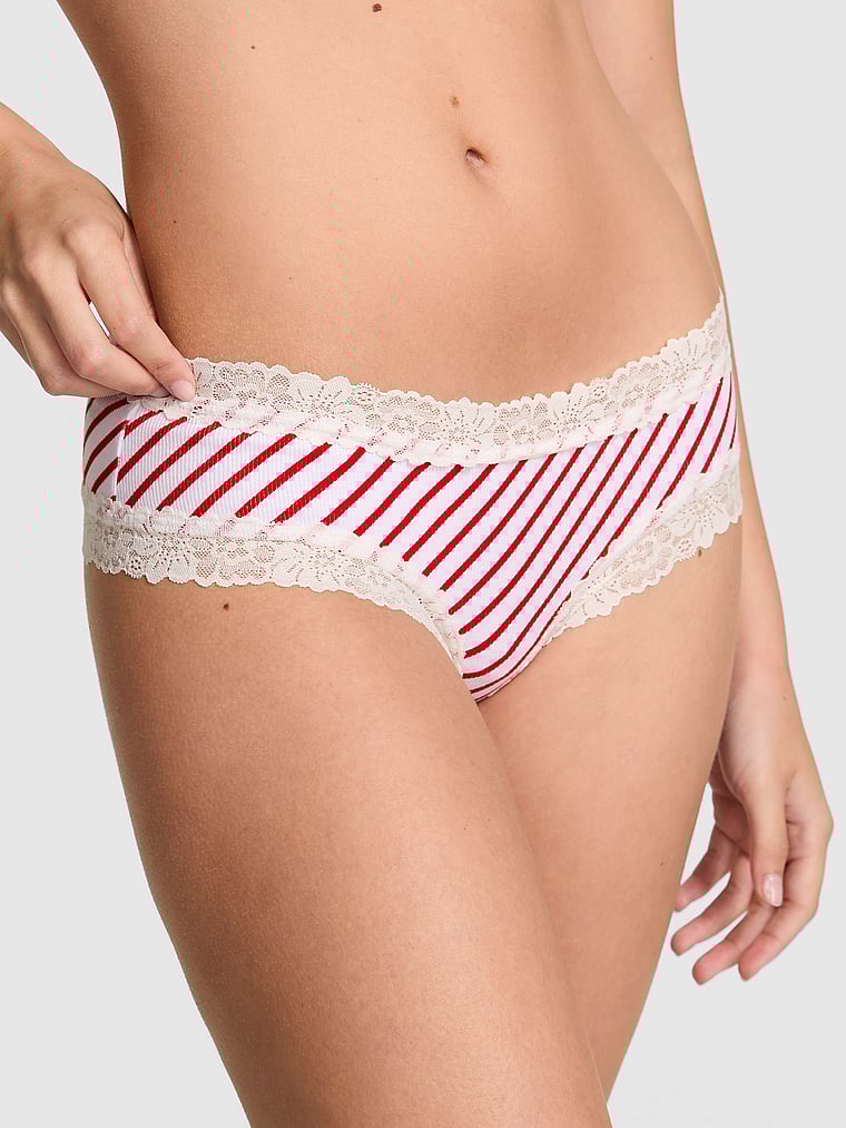 PINK Wink Lace-Trim Cheeky Panty, Red and White Stripe Print, onModelFront, 1 of 2 Taylor is 5'8" or 173cm and wears Small