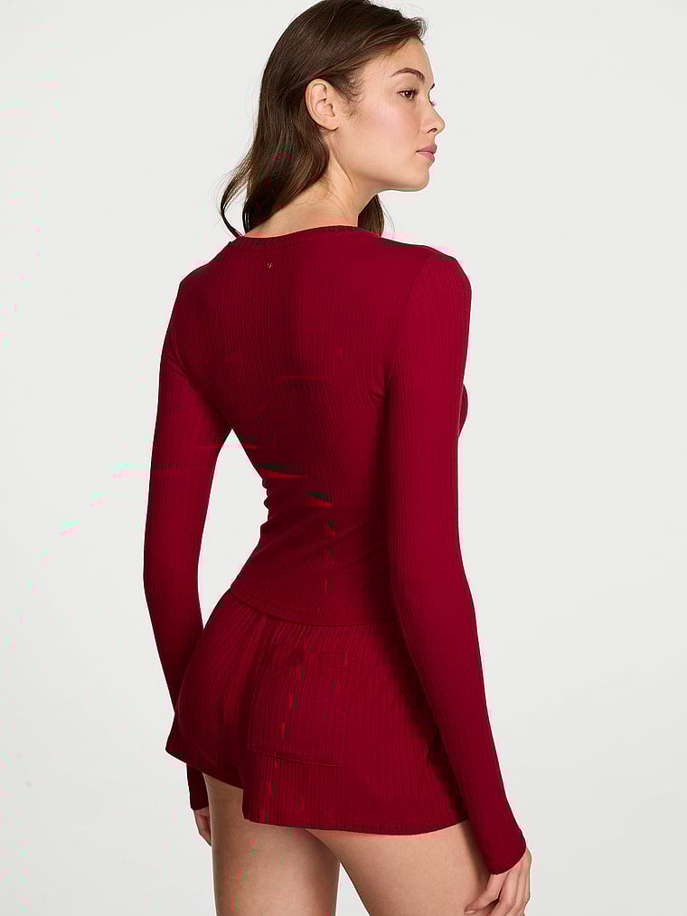 Victoria's Secret, Victoria's Secret Modal Wide-Rib Long-Sleeve Short Lounge Set, Red Lacquer, onModelBack, 2 of 3 Kennidy is 5'11" and wears S/Long