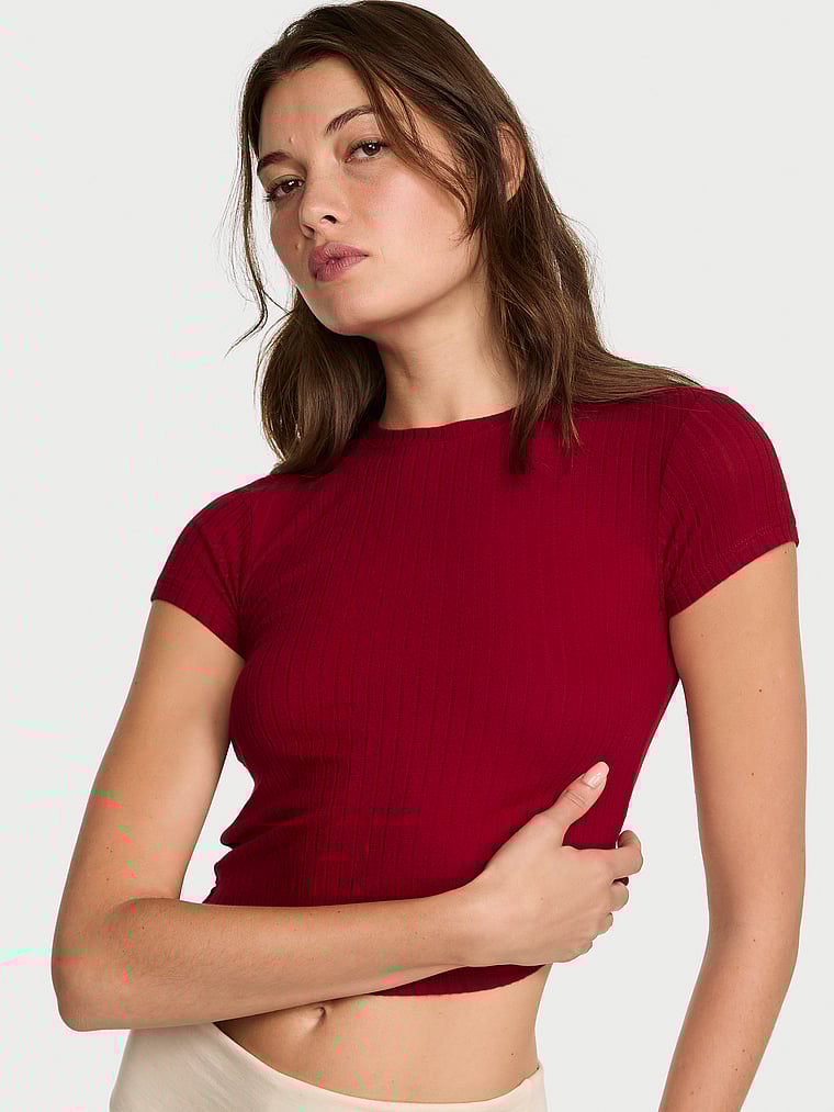 Victoria's Secret, Victoria's Secret SoSoft™ Modal Wide-Rib Fitted Tee, Red Lacquer, onModelFront, 1 of 4