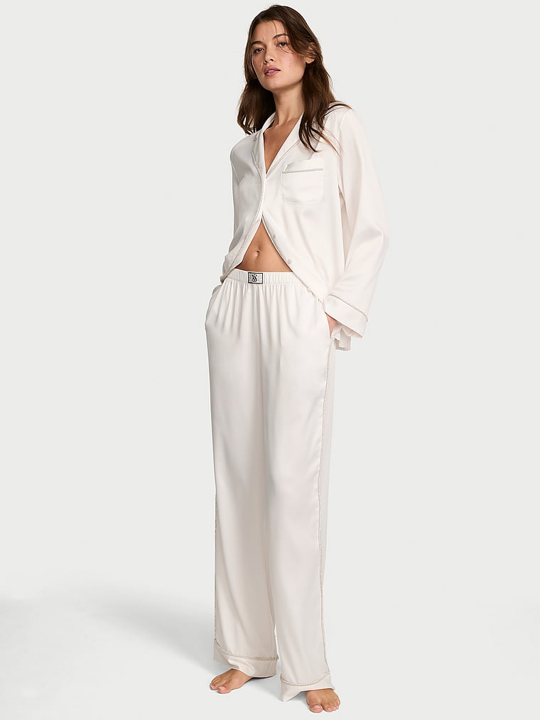 Victoria's Secret, Victoria's Secret Glazed Satin Shine Long Pajama Set, White/Ivory, onModelFront, 1 of 4 Kennidy is 5'11" or 180cm and wears S/Long