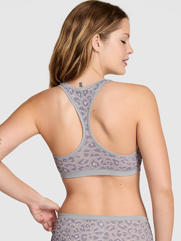 PINK Cotton Dorm Unlined Racerback Bralette, Grey Leopard, onModelBack, 2 of 4 Taylor is 5'8" or 173cm and wears 32B or Small