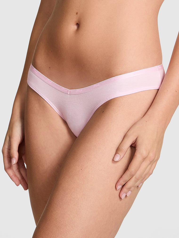 PINK Logo Cotton Tanga Panty, Pink Tulip, onModelFront, 1 of 3 Taylor is 5'8" and wears Small