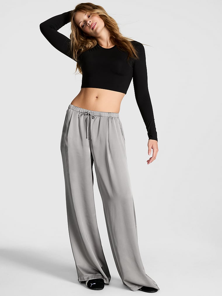 PINK Satin Pull-On Trouser Pants, Silver Lining Grey, onModelFront, 1 of 2 Taylor is 5'8" or 173cm and wears Small