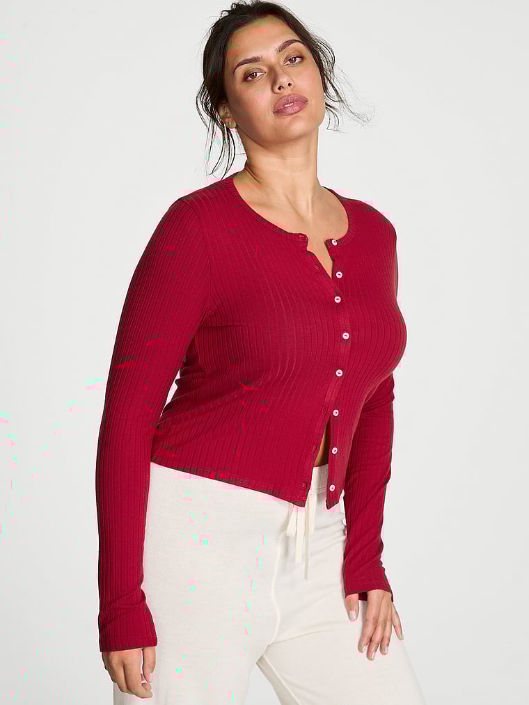 Victoria's Secret, Victoria's Secret SoSoft™ Modal Wide-Rib Cardigan, Red Lacquer, onModelFront, 1 of 5