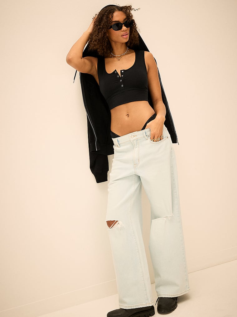 PINK All-Day Cotton™ Henley Scoop Bra, Pure Black, onModelSide, 3 of 3