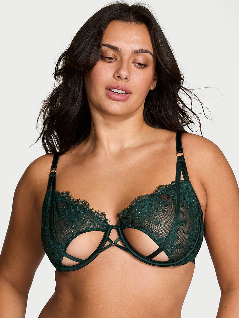 Victoria's Secret, Very Sexy Rose Lace Shimmer Unlined Peekaboo Balconette Bra, Cilantro, onModelFront, 1 of 3 Karmi is 5'10" or 178cm and wears 34DD (E) or Large