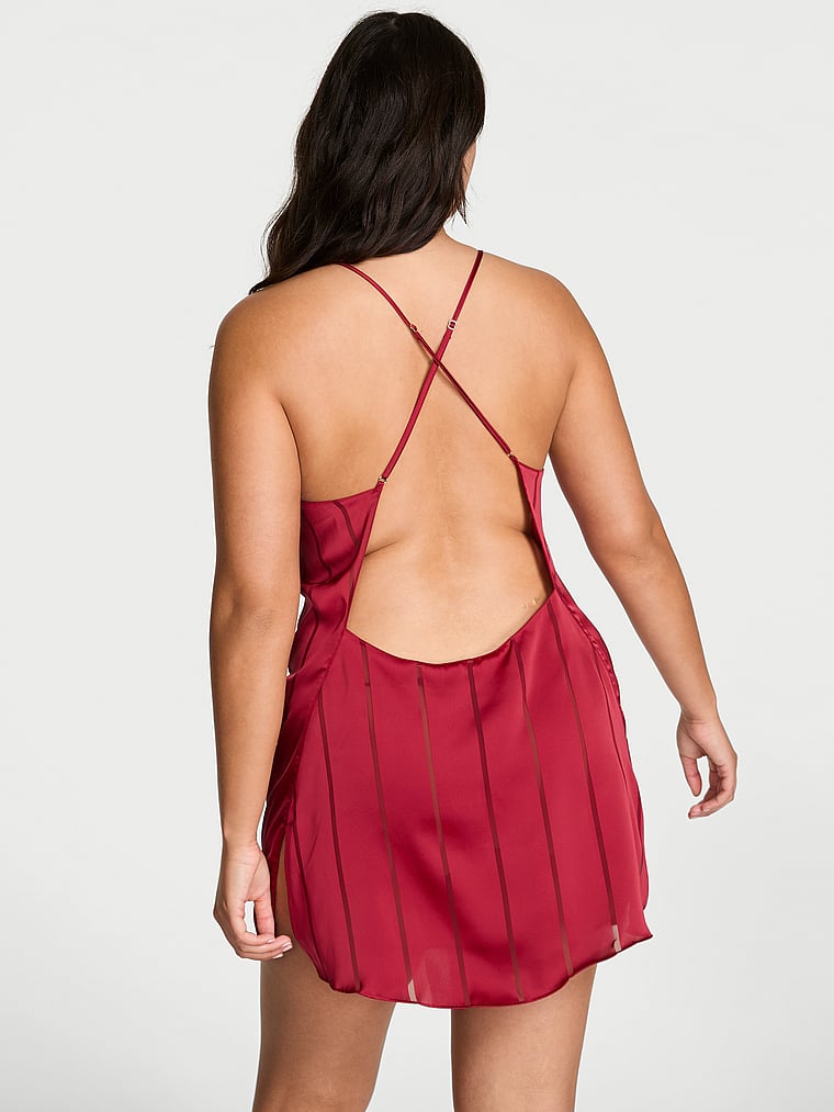 Satin Sheer Stripe Open-Back Slip Dress