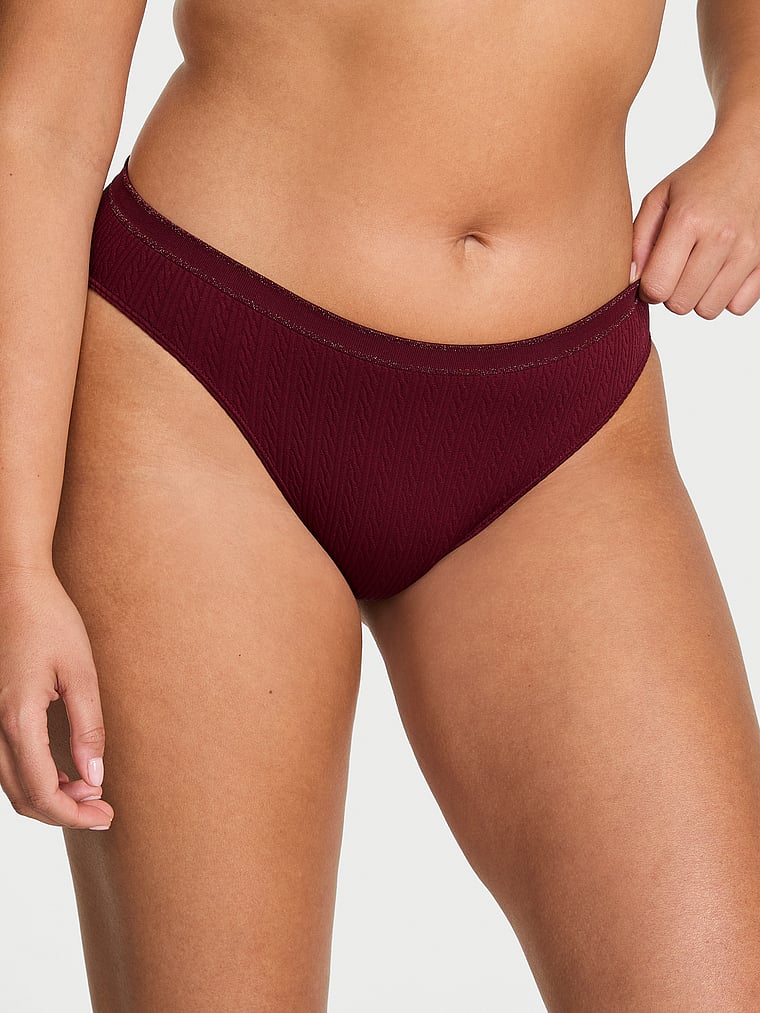 Victoria's Secret, Seamless Seamless Cable-Knit Bikini Panty, Sangria Red, onModelFront, 1 of 3 Karmi is 5'10" and wears Large