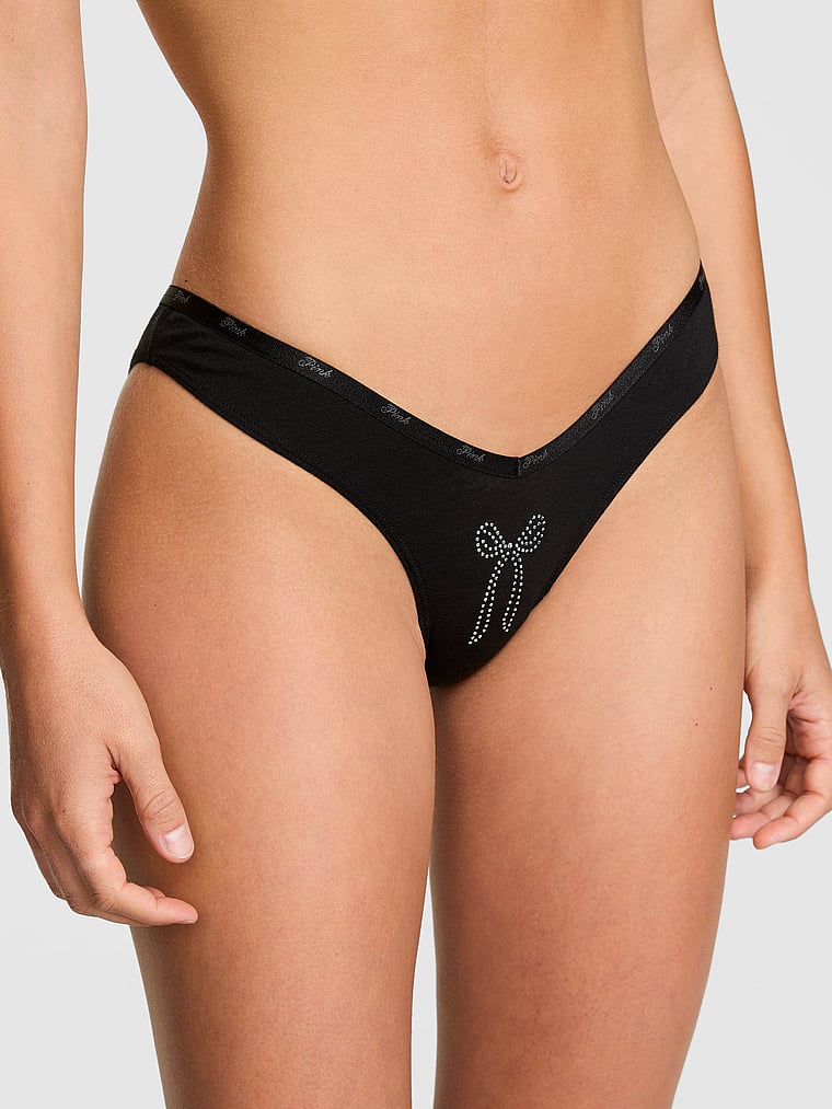 PINK Logo Cotton Tanga Panty, Black Bow Diamante Graphic, onModelFront, 1 of 4 Ruby is 5'6" and wears Small