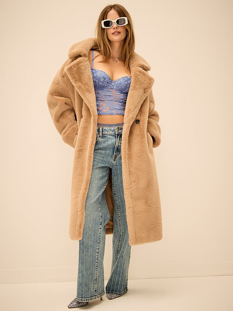 Victoria's Secret, Avec Les Filles Long Faux-Fur Coat, Taupe, onModelSide, 1 of 4