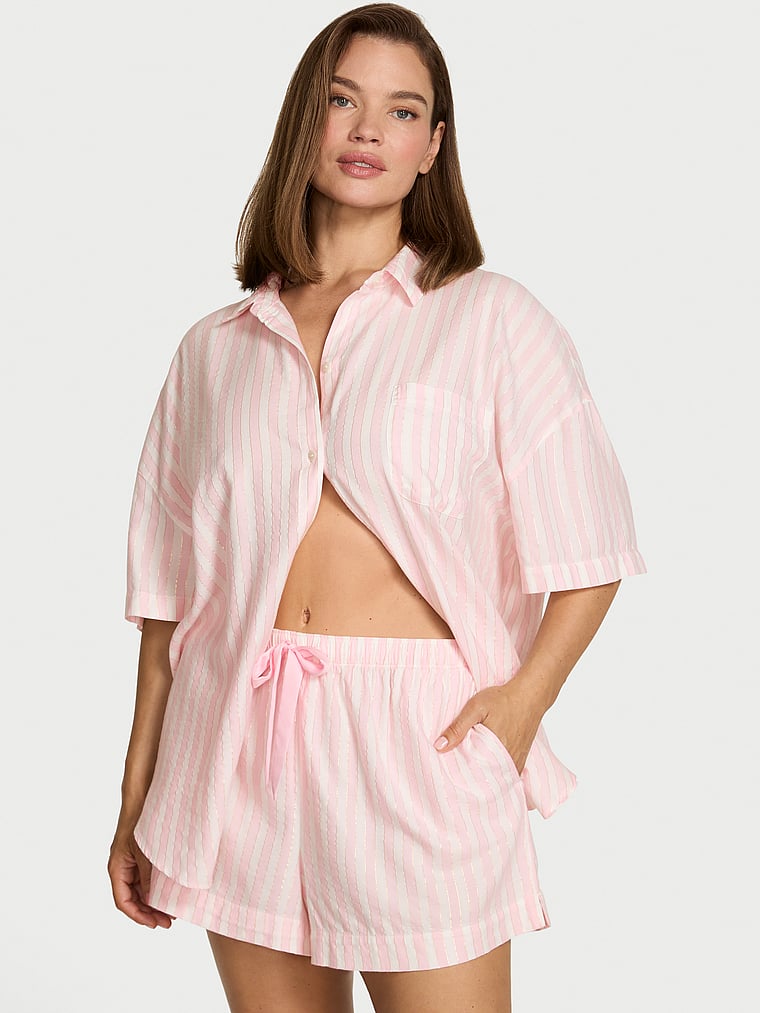 Victoria's Secret, Victoria's Secret Flannel Oversized Short Pajama Set, Print, onModelFront, 2 of 3