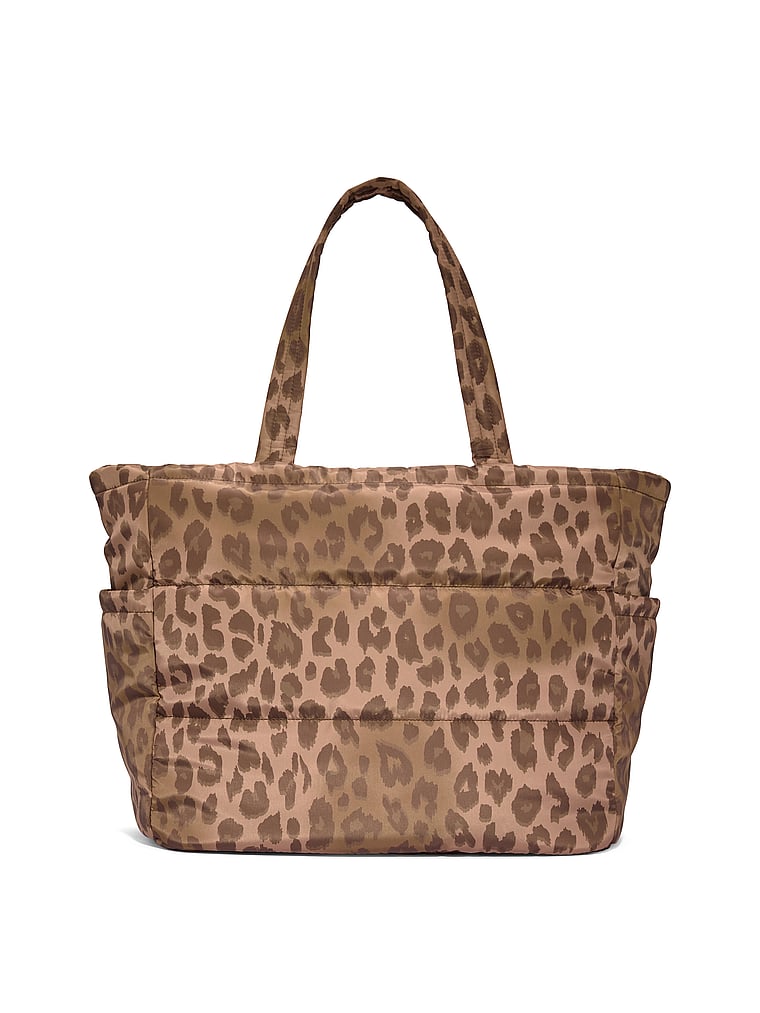 PINK Quilted Puﬀer Tote Bag, Leopard Quilted Puffer, onModelBack, 2 of 4