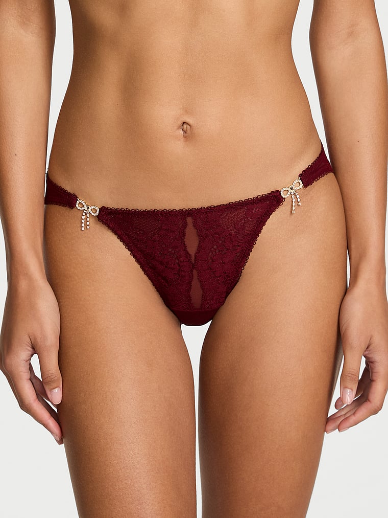 Victoria's Secret, Dream Angels Lace-Trim Bikini Panty, Sangria Red, onModelFront, 1 of 2