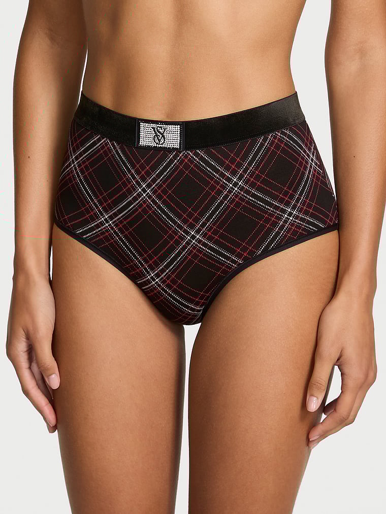 Victoria's Secret, Cotton Logo Cotton Modern Brief Panty, Black Plaid, onModelFront, 2 of 4