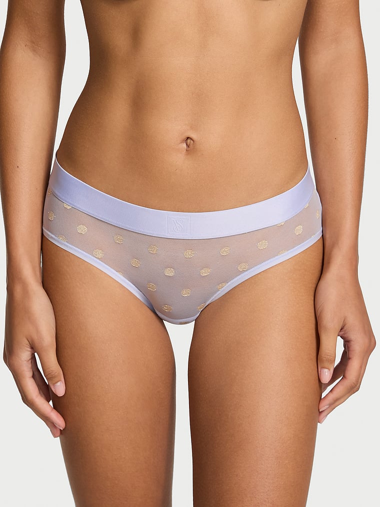 Victoria's Secret, Cotton Sheer Heritage Shimmer Hiphugger Panty, Soft Iris, onModelFront, 1 of 3