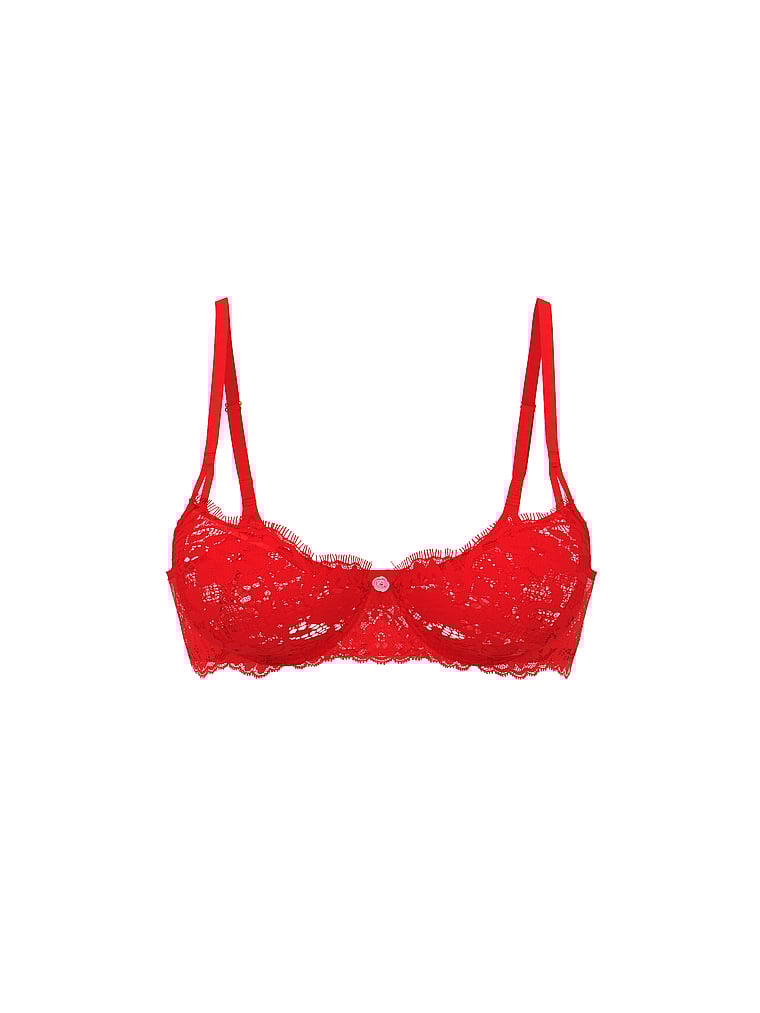 Victoria's Secret, Dream Angels Wicked Unlined Lace Balconette Bra, Bright Vermillion, offModelFront, 4 of 5