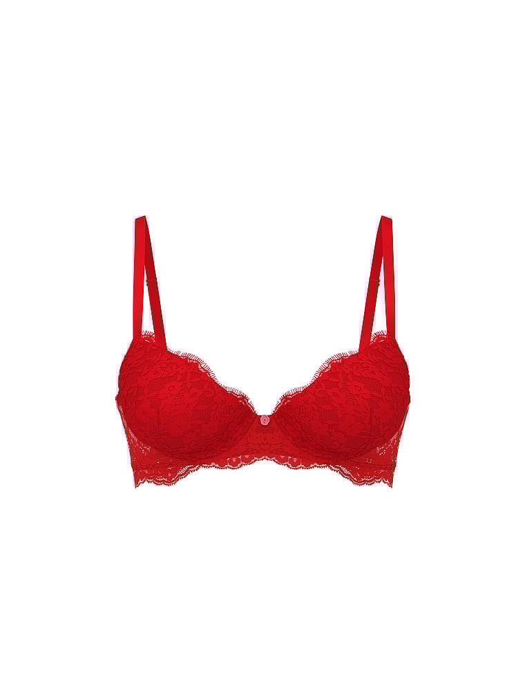 Victoria's Secret, Dream Angels Smooth & Lace Lightly Lined Demi Bra, Bright Vermillion, offModelFront, 5 of 5