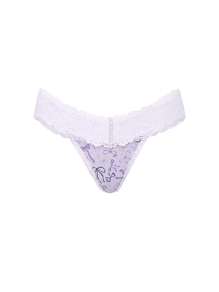PINK PINK Wink™ Lace-Trim Thong Panty, Purple Whisper Bow Print, offModelFront, 3 of 3